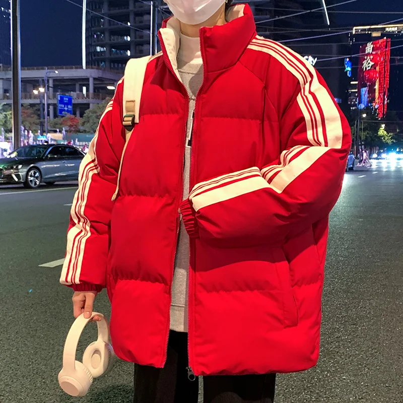 

Red Plu Cotton Jaet Stand Collar Thiened Winter Coat Men's Faion Warm Youth Polyester Fiber Zipper Closure Long Sve