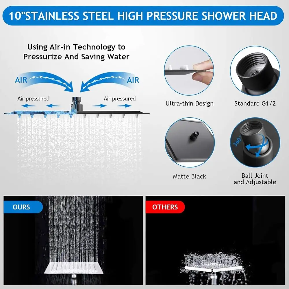 10 Matte Black High-Pressure Rain Shower with 11 Extendable Arm and 5-Mode Handheld