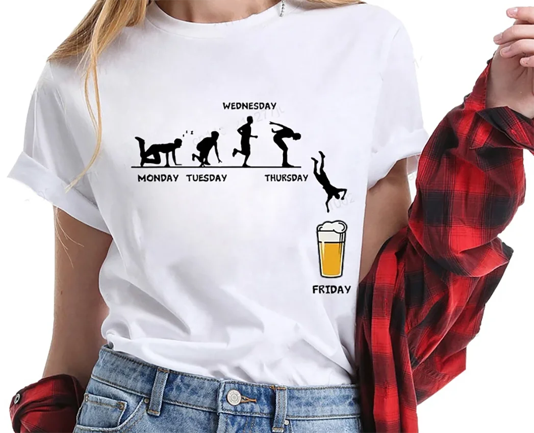 المرأة تي شيرت الاثنين إلى الجمعة شرب البيرة مضحك الرياضة موضة تي شيرت غير رسمي الهيكل العظمي الجمعة البيرة الجرافيك بلايز ملابس حريمي #6