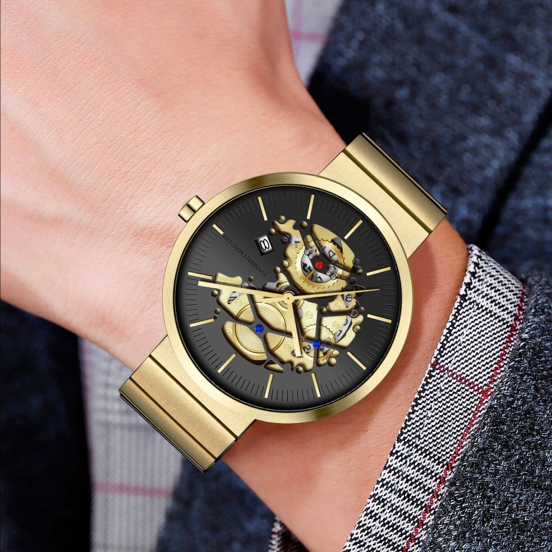 HANNAH MARTIN1312 Watch Men Non Automatic Mechanical Hollow Out Watch Fashion Steel Belt Waterproof Watches for Men Reloj Hombre