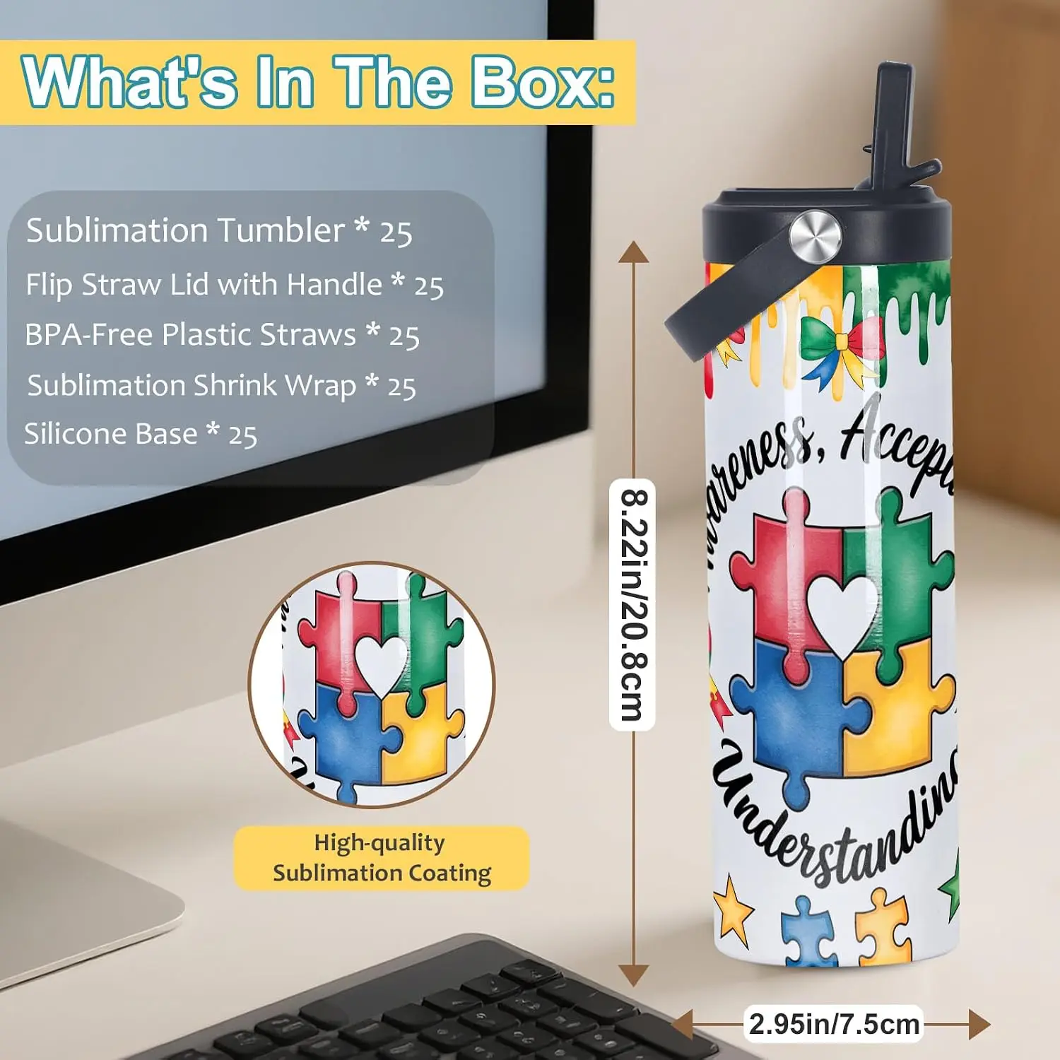 20 oz Sublimation Tumblers Bulk, 25 Pack Skinny Straight Sport Water Bottle Blanks with Portable Handle, Double Wall Stainless Steel Cups for Heat Transfer, Individually Boxed