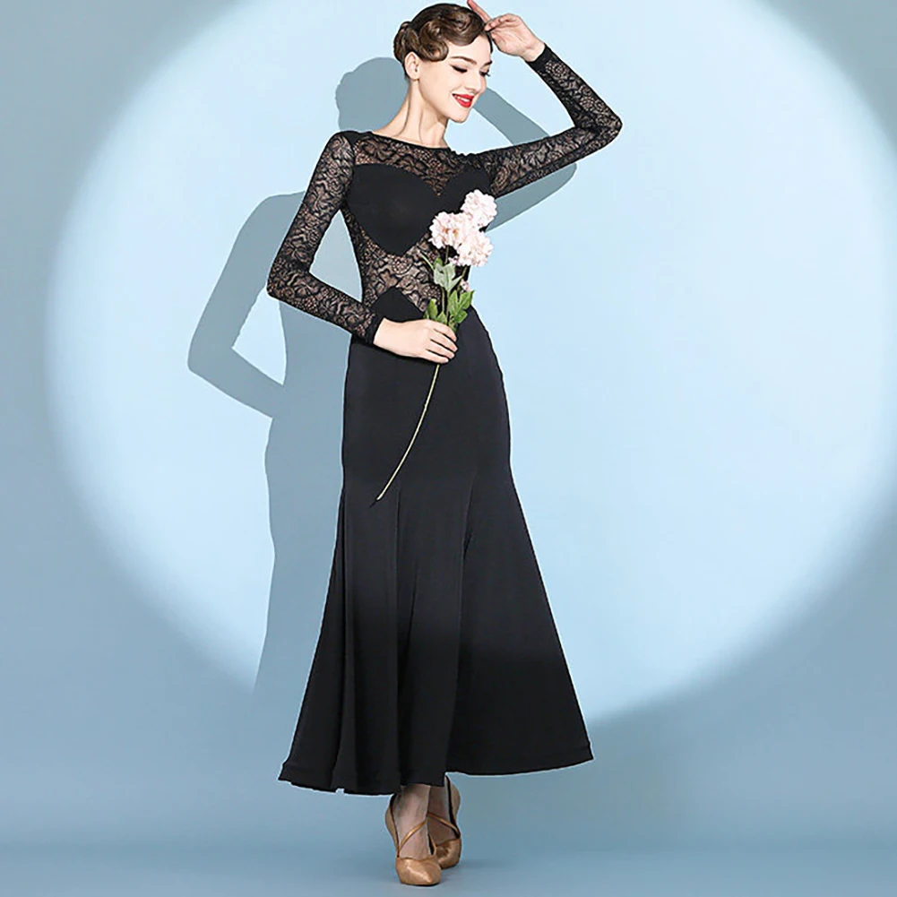 

Hollow Design Ballroom Long Sleeve Practice Dance Dress Evening Dress Sexy Women Black Waltz Dress Round Neck Lace