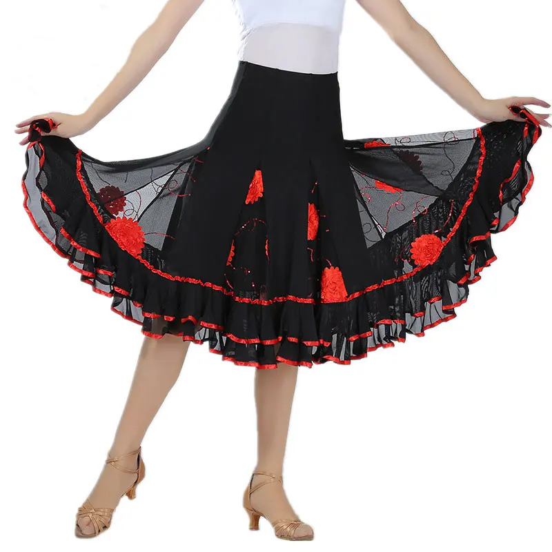 Adult Modern Skirt Ballroom Dance Skirt Flower Flamenco Skirts Square Sequin Belly Dancing Wear Women Waltz Dancing Costumes