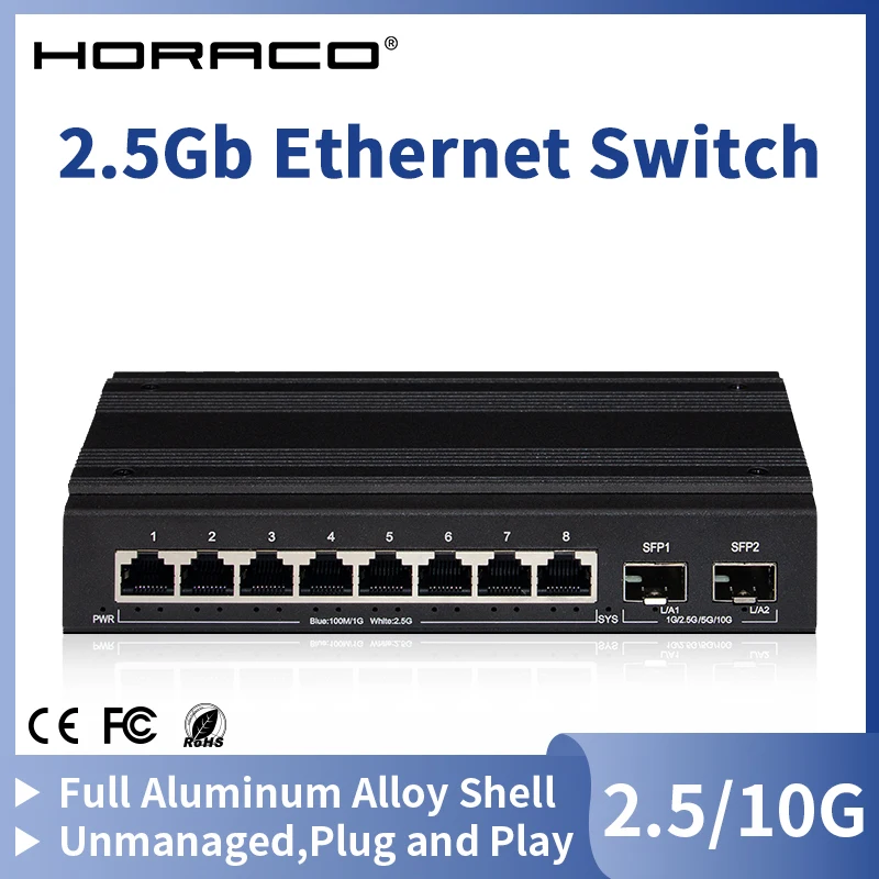 HORACO 2.5G Network Switch 8 Port Ethernet Switch with 2*10G SFP+ Plug and Play Fanless Homelab Switch