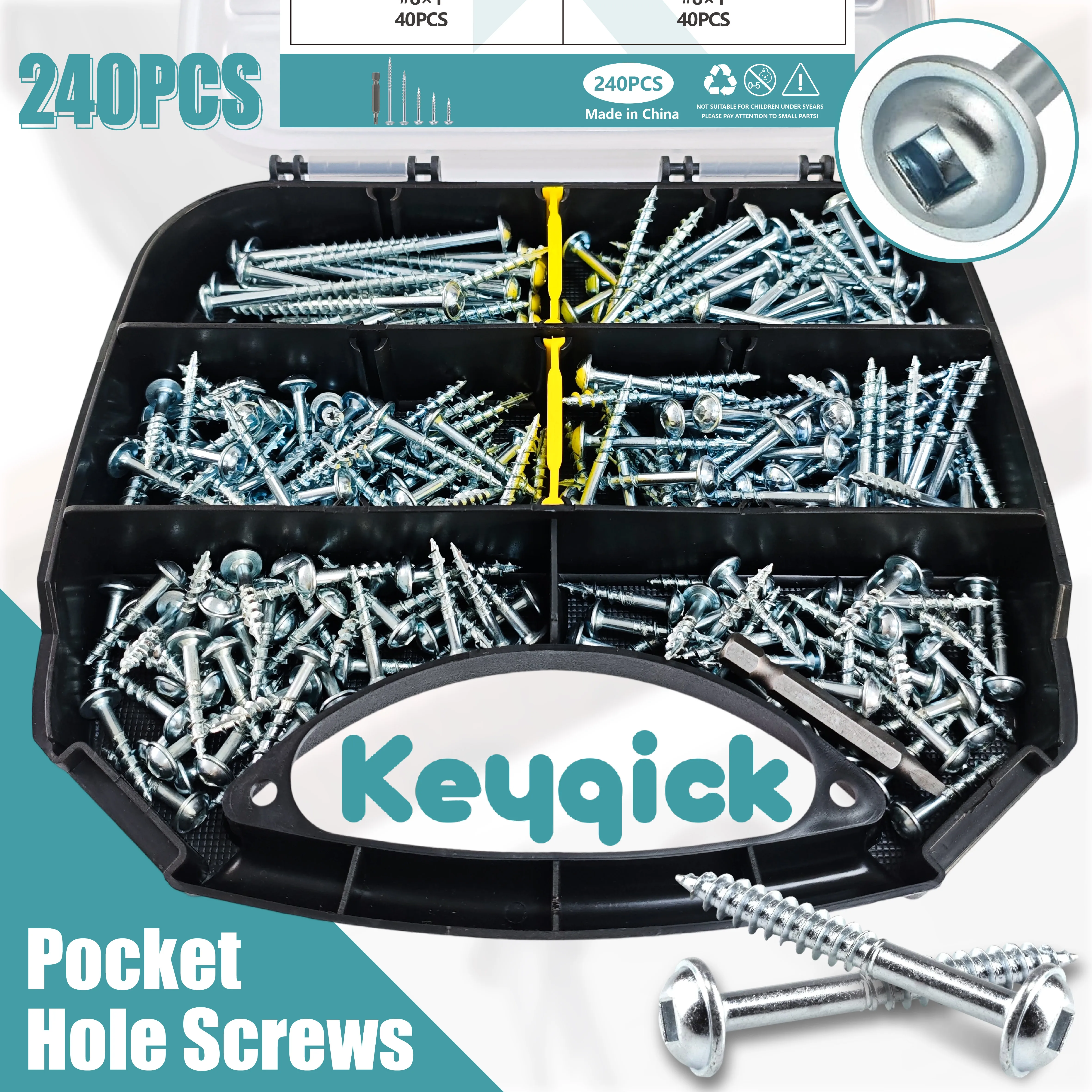 240pcs Pocket Hole Screws, Plated, #8 Square Hole Screw, Self-Tapping Tip, Square Drive, Wood Screws, Furniture Construction, Heavy Duty, Professional, Home Improvement, Woodworking, Cabinet Making, Countertop Installation, Shed Building
