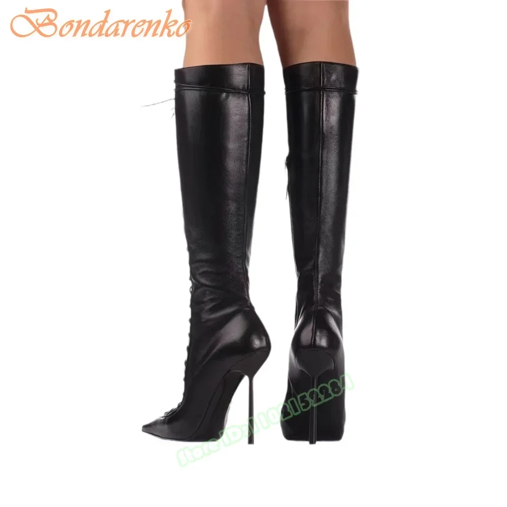 Pointed Toe Cross Straps Boots Metal Thin High Heels Hollow Women Shoes Lace Up Knee High Boots Autumn Fashion Shoes Party Solid