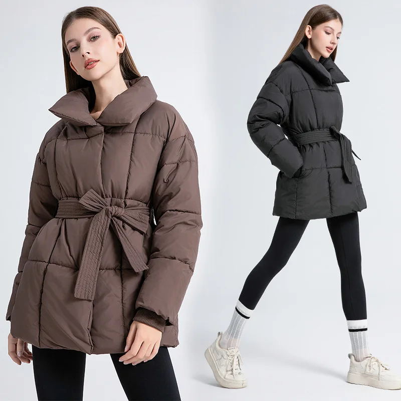 Short cotton jacket, European and American 2025 winter new style, loose, casual, warm, stand up collar, waist belt, cotton jacke
