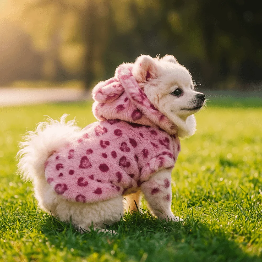 Modische Hundekleidung mit Leopardenmuster, warme, verdickte Fleece-Haustierjacke mit Kapuze, Teddy-Hundemantel, Hundemantel – Detail 7