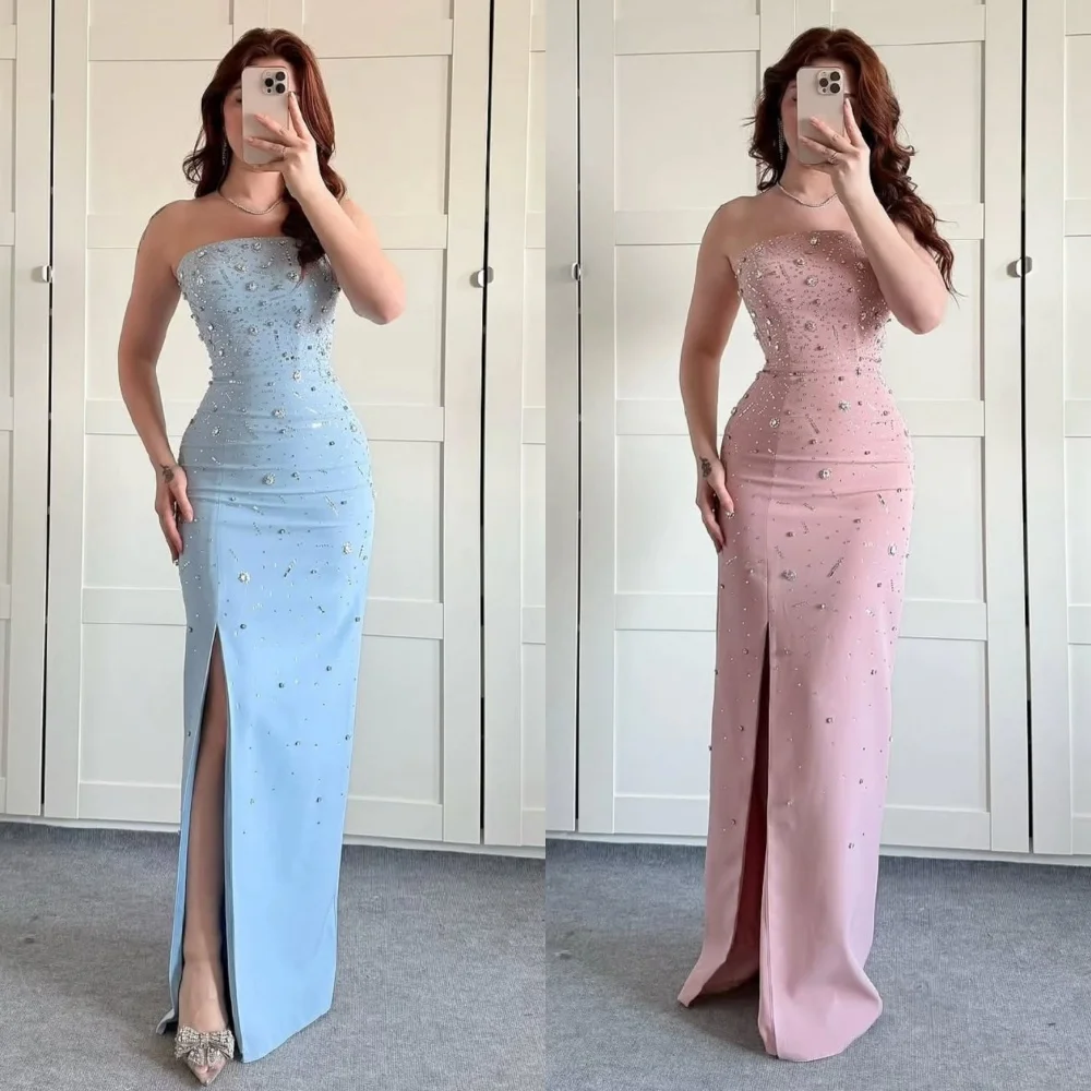 Customized High Quality Jersey Rhinestone Pleat Straight Strapless Long Dresses Bespoke Occasion Exquisite Intricate
