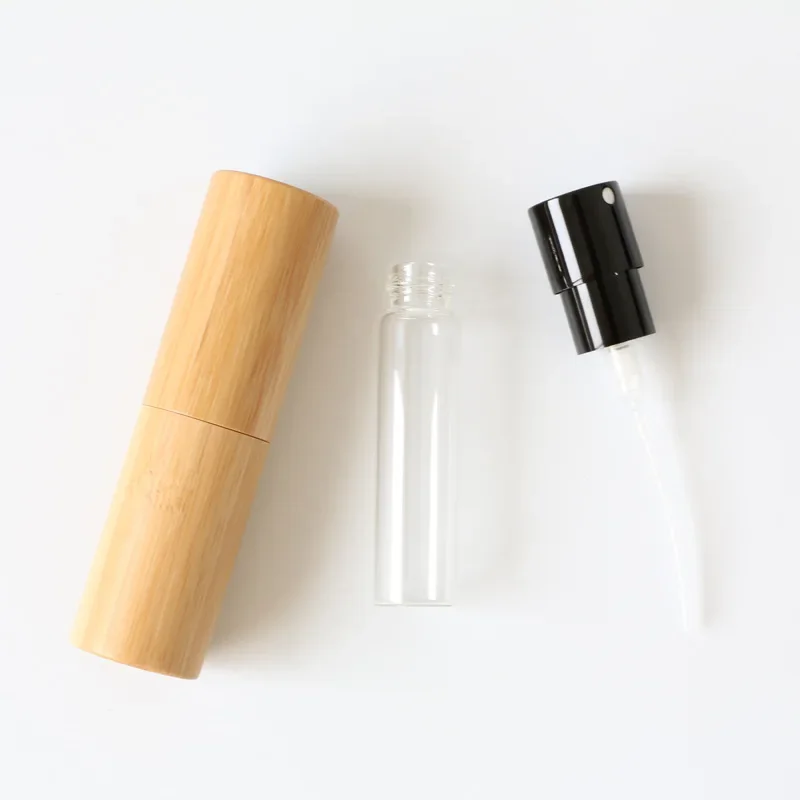 10ml Bamboo Wood High-grade Perfume Bottle Metal Nozzle Glass Liner Disinfectant Spray Empty Portable Rotary Sub Package Bottles