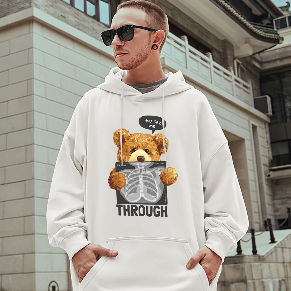 Please Look At Me Through The X-Ray Film Teddy Bear Man Pullover Loose Trendy Brand Cotton Clothes Casual Fashion Couple Hoodies