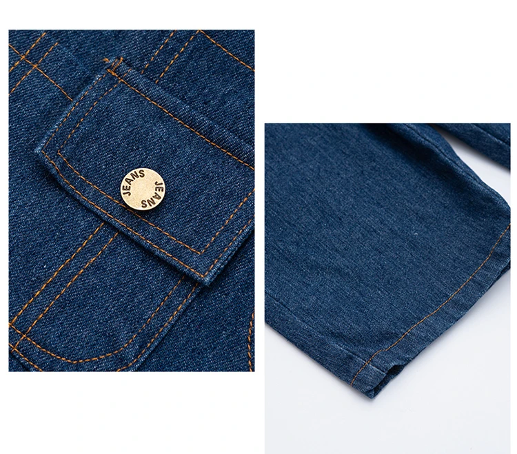 Elegante Kinder-Jeans-Overalls in Blau mit Taschen für den Alltag, Sommerkleidung für Jungen und Mädchen. – Detail 8