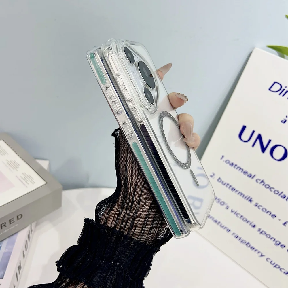 Coque de téléphone à paillettes brillantes, cercle magnétique, pour Huawei Pura 70 Mate 70 Pro, cadre arrière en acrylique Transparent en TPU, couverture Magsafe