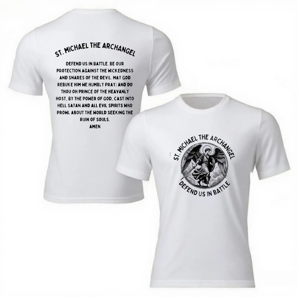 Camiseta de oración de San Miguel, el Arcángel nos defiende en batalla, camiseta católica para hombre, camiseta con cita de San Católico, camiseta de diseño único para hombre