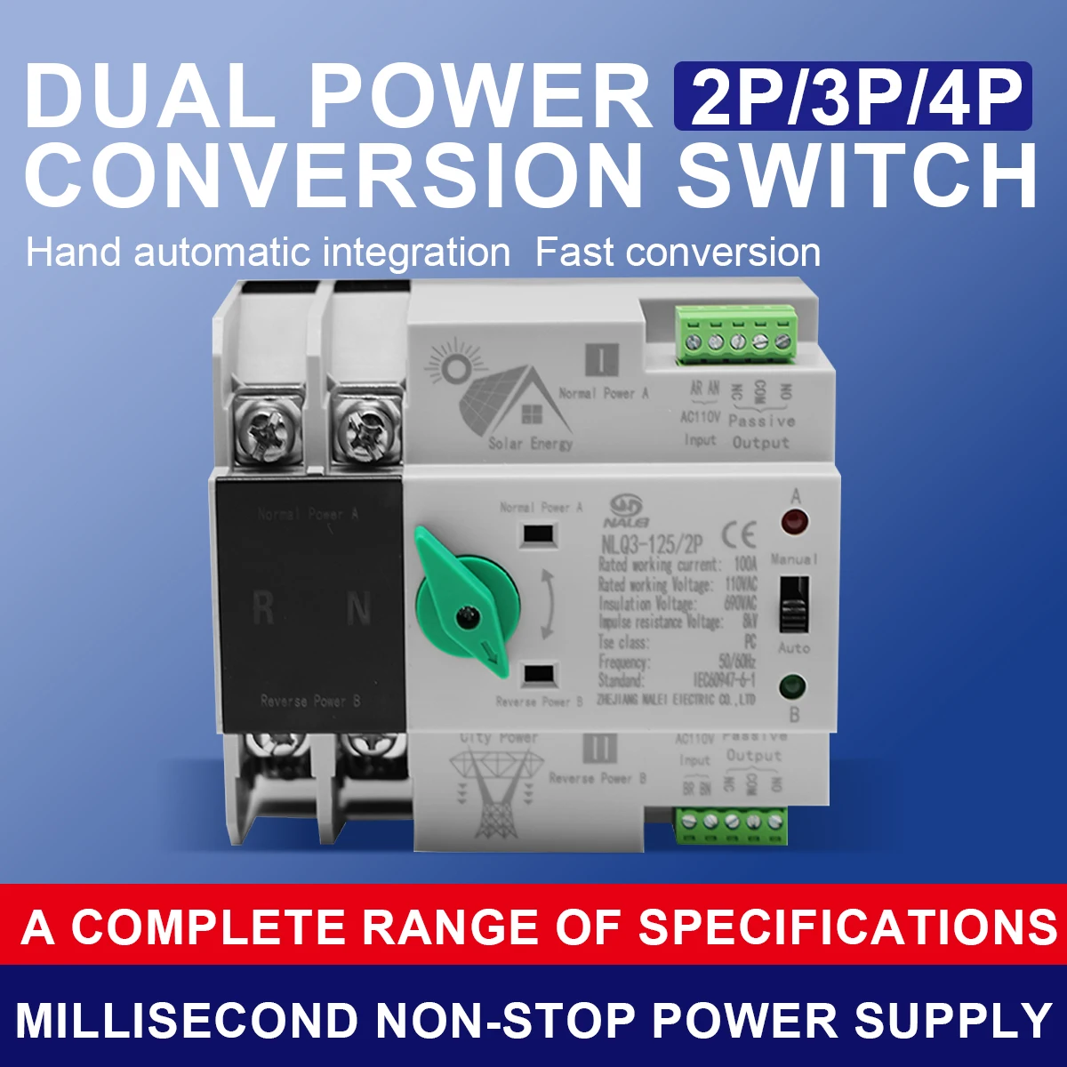 2P 63A No-break Dual Power Automatic Changeover Switch, 110V 220V Millisecond Level 2-way Transfer for Solar PV System