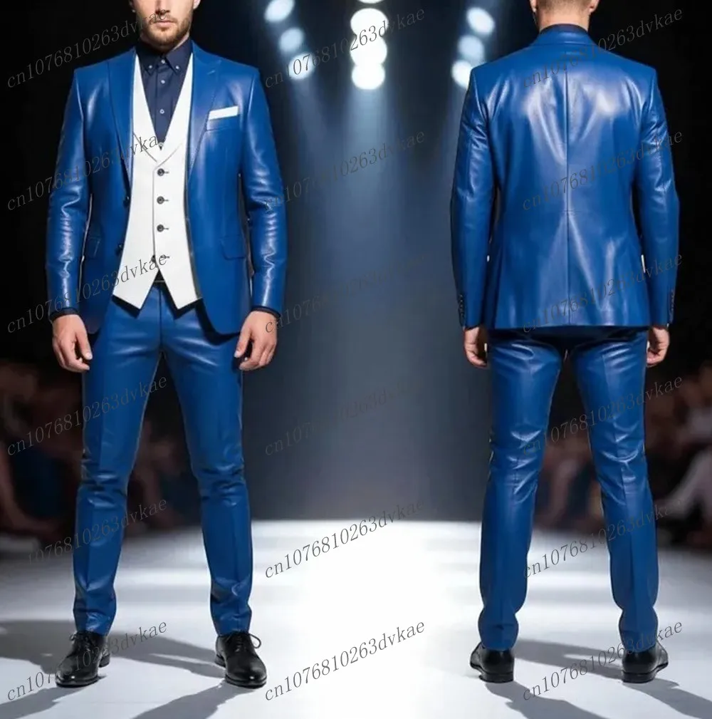 

Синий и белый атласный мужской костюм для свадебной вечеринки, формальный жених, жених, выпускного вечера, деловые мужские смокинги, комплект из 3 предметов, куртка, жилет, брюки