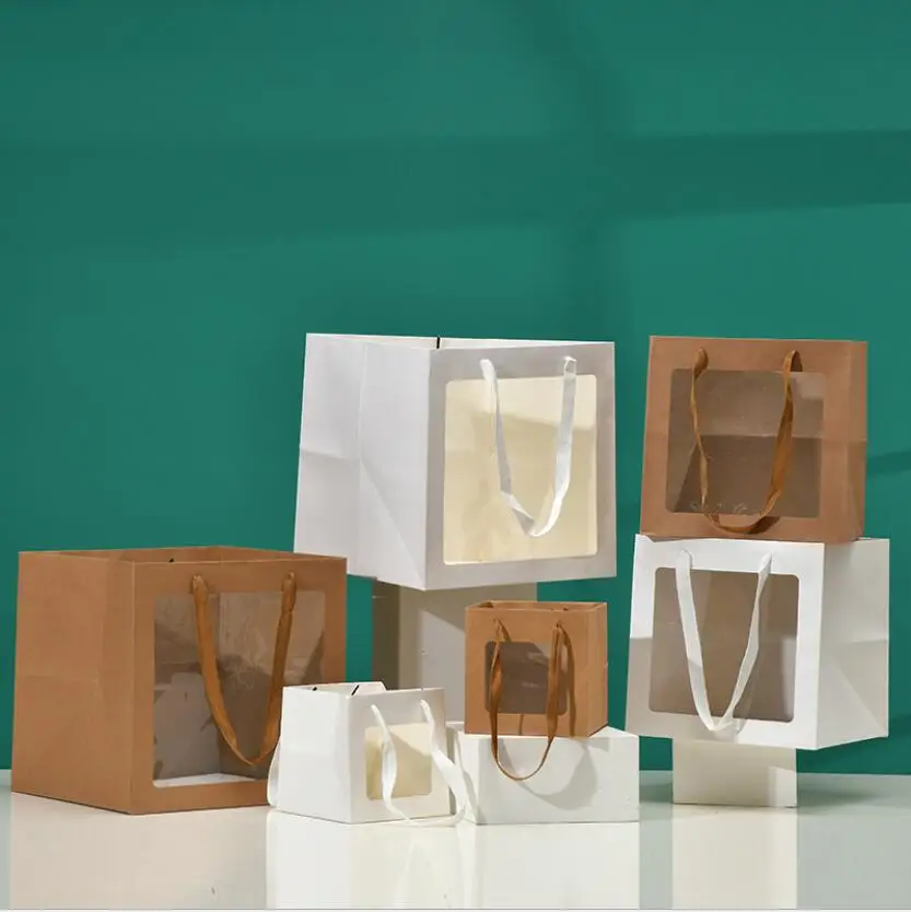 12pcs Paper Gift Bag With PVC Window Thicken Square Handle Bag For Cake Box/Potted Flowers/Jewelry/Party Gift Box Packaging Bags