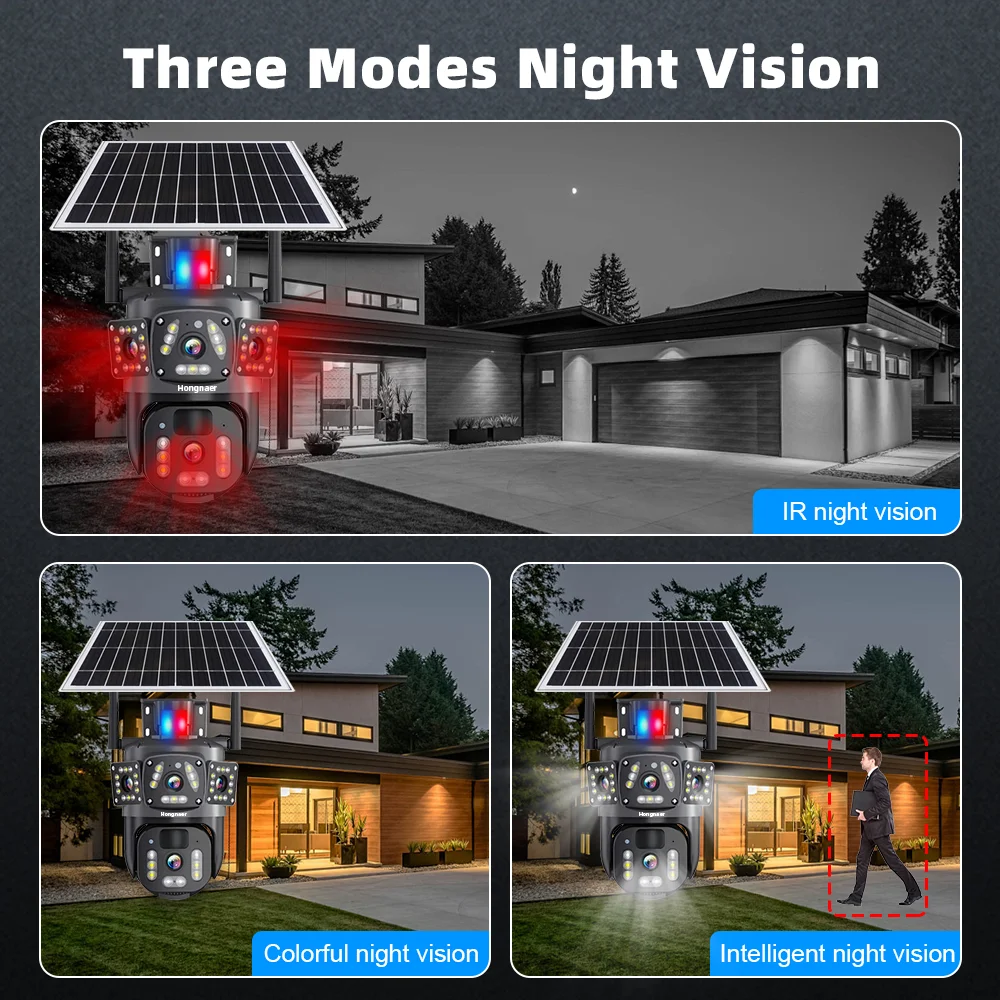 Hongnaer 8MP 4K V380 Pro 2 Lens Wireless Solar Panel Powered IP PTZ Home Outdoor Security WiFi CCTV Solar Camera