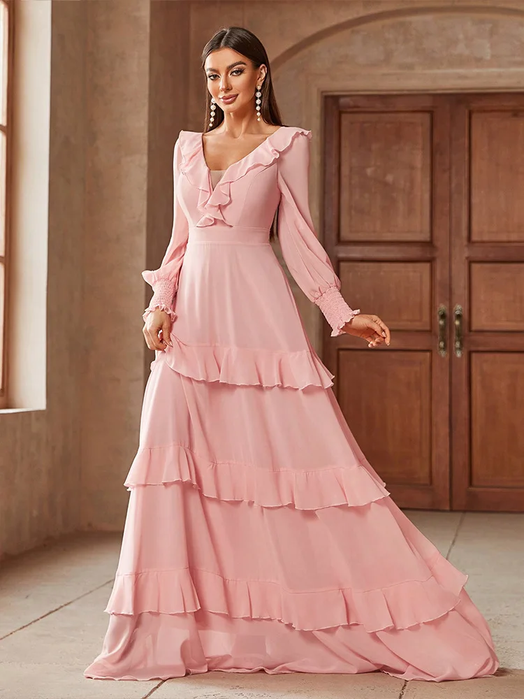 2025 Moda Rosa Abito da donna allentato Elegante scollo a V Manica lunga Abiti solidi Primavera Casual Ruffles Abito lungo fino al pavimento Donna