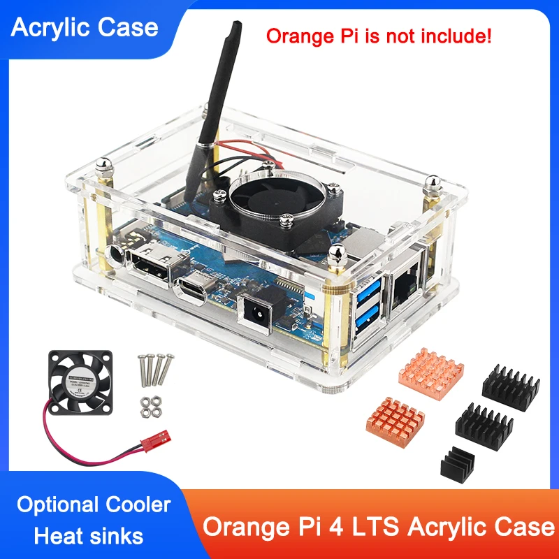 

Корпус Orange Pi 4 LTS Прозрачный акриловый корпус Дополнительные радиаторы Вентилятор Зарезервированные различные интерфейсы Дополнительно для Orange Pi 4 LTS