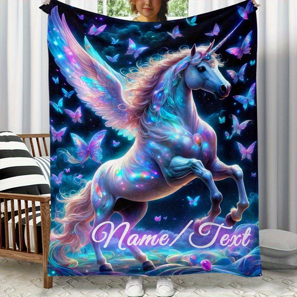 1pc Custom Name Unicorn Butterfly Blanket, Soft Flannel Bedding for Sofa, Bed, Travel, and More, Lightweight, Warm