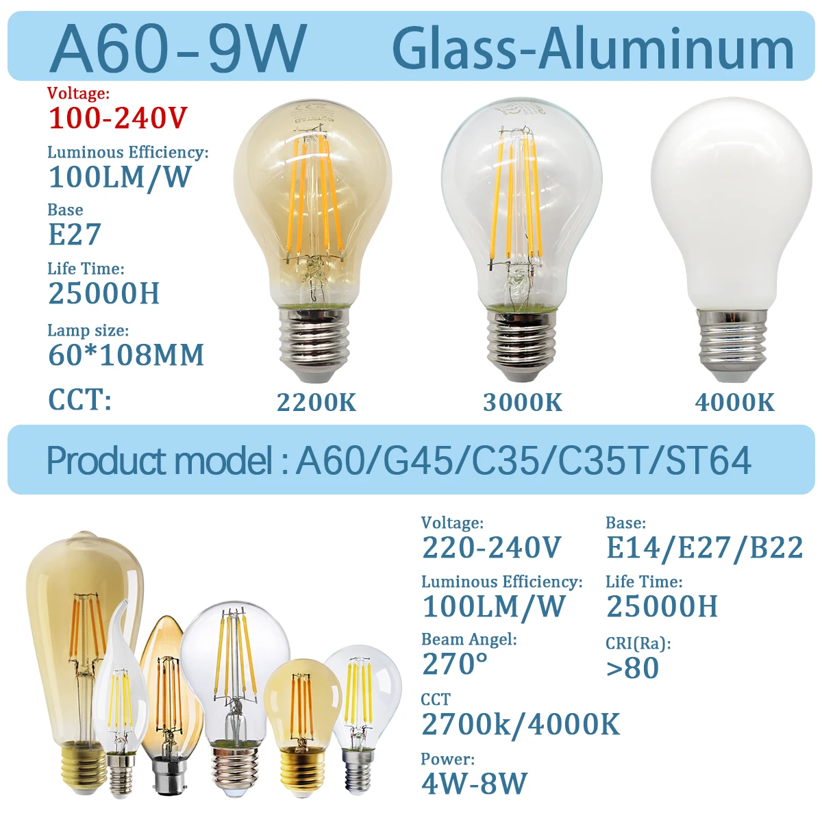 10PCS LED Edison Bulb Lamps E27 E14 B22 2700K 3000K 4000K Lighting 220V Filament Vintage Ampoule Incandescent Edison Bulbs Lamp
