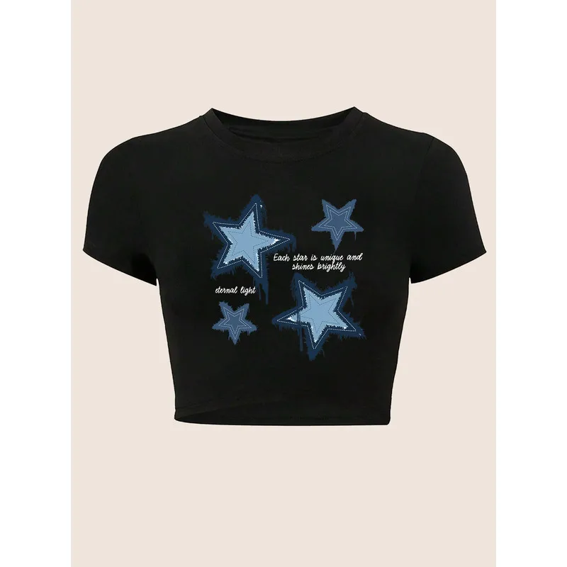 Five-pointed star print short-sleeved round-neck top, casual and fitted, with a cropped designT Shirt