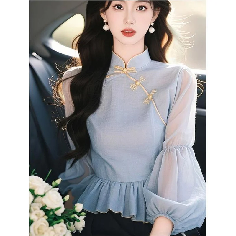 Dames tempérament Style chinois lanterne manches Blouse printemps automne Vintage mode boutons col montant chemises femmes vêtements