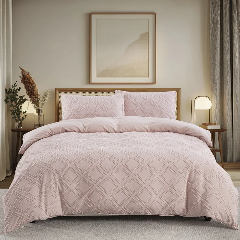 

Textured Pink Duvet Cover Twin Full Queen Boho Bedding Set Tufted Comforter Cover Soft Breathable Diamond Jacquard Quilt Cover