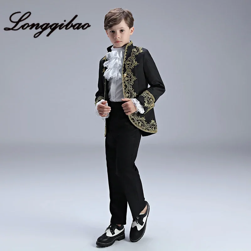 Boys European Style Court Drama Costume Children Golden Flower Stage Prince Charming Performance Clothing Set Kids Blazer Pants