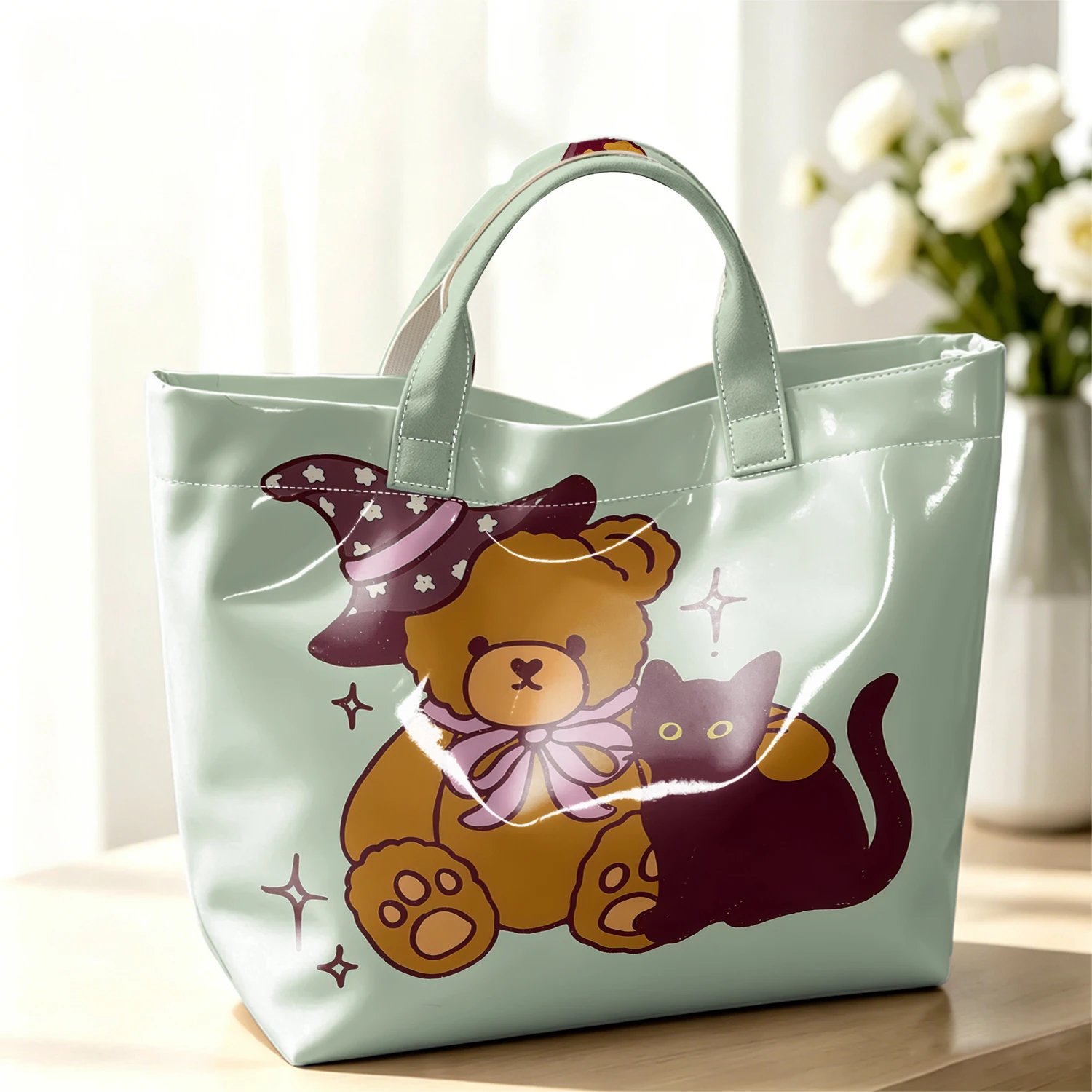 Witch Bear Stylish Large Glossy PVC Tote Bag Washable Waterproof Durable Ideal for Travel Commute Cosmetics Books Handbags