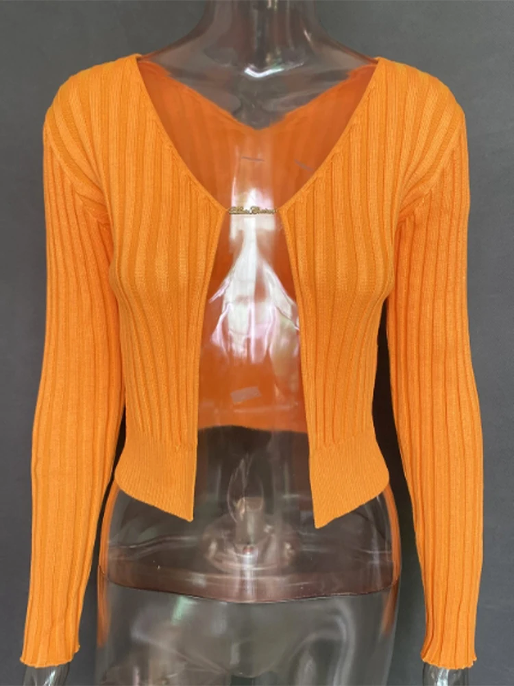 Jesienny Seksowny Sweter Rozpinany Dzianinowy Damski Y2k Złoty Metalowy Guzik Głęboki Dekolt V Długi Rękaw Krótki Top