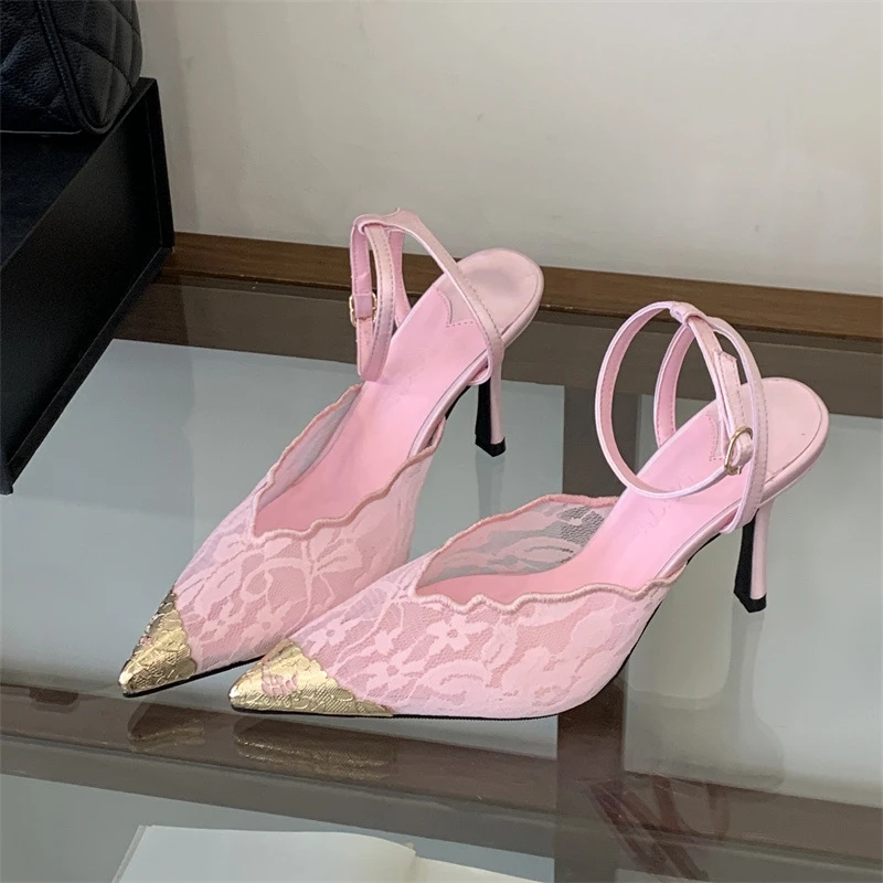 New Summer Women's High-heeled Sandals with One-strap Closed Toe, Sexy Lace Pointed Toe, Gold-plated Mesh High Heels.