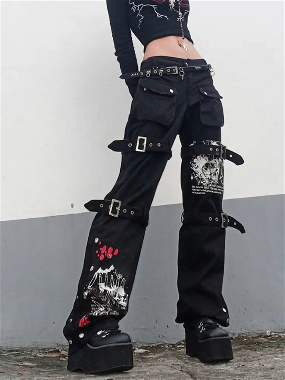 Gothic Y2K Emo Pants Cargo Black Low Waist Techwear Baggy Bottoms Women Punk Korean 90s Hip Hop Harajuku Trousers 90s Mom Pants