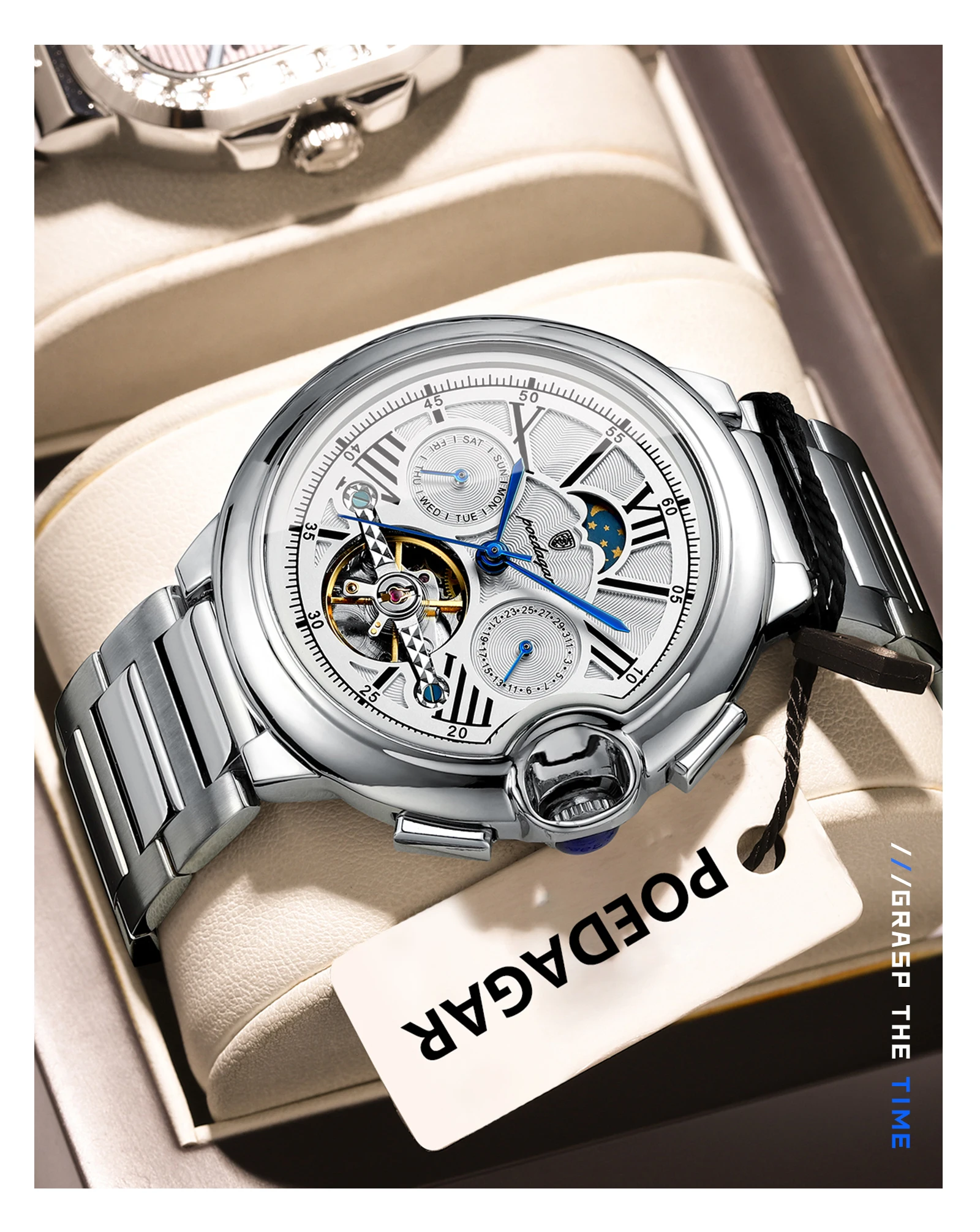 POEDAGAR Luxus Business Männliche Uhr Datum Woche Edelstahl Tourbillon Männer Uhr Wasserdichte Automatische Mechanische herren Uhren – Detail 14