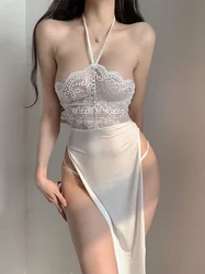 Summer New Sweet Sexy Spicy Girl Lace Transparent Halter Neck Split High Waist Off Shoulder Long Dress Robe Sexy Top R9F3