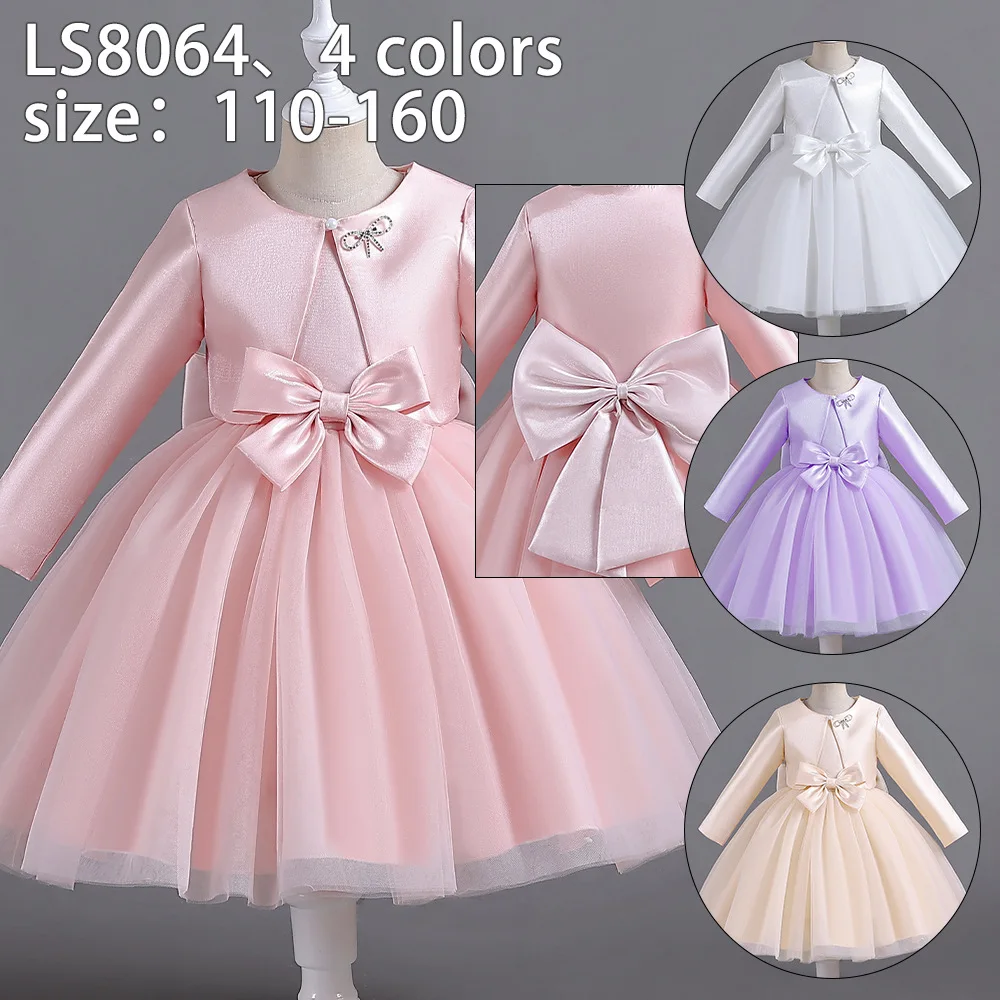 ELBCOS 4-14Y Girls Tie Crew Neck Long Sleeves Solid Color Fold Skirt Cardigan Coat Waist Bow Costumes Princess Party Dress Suit