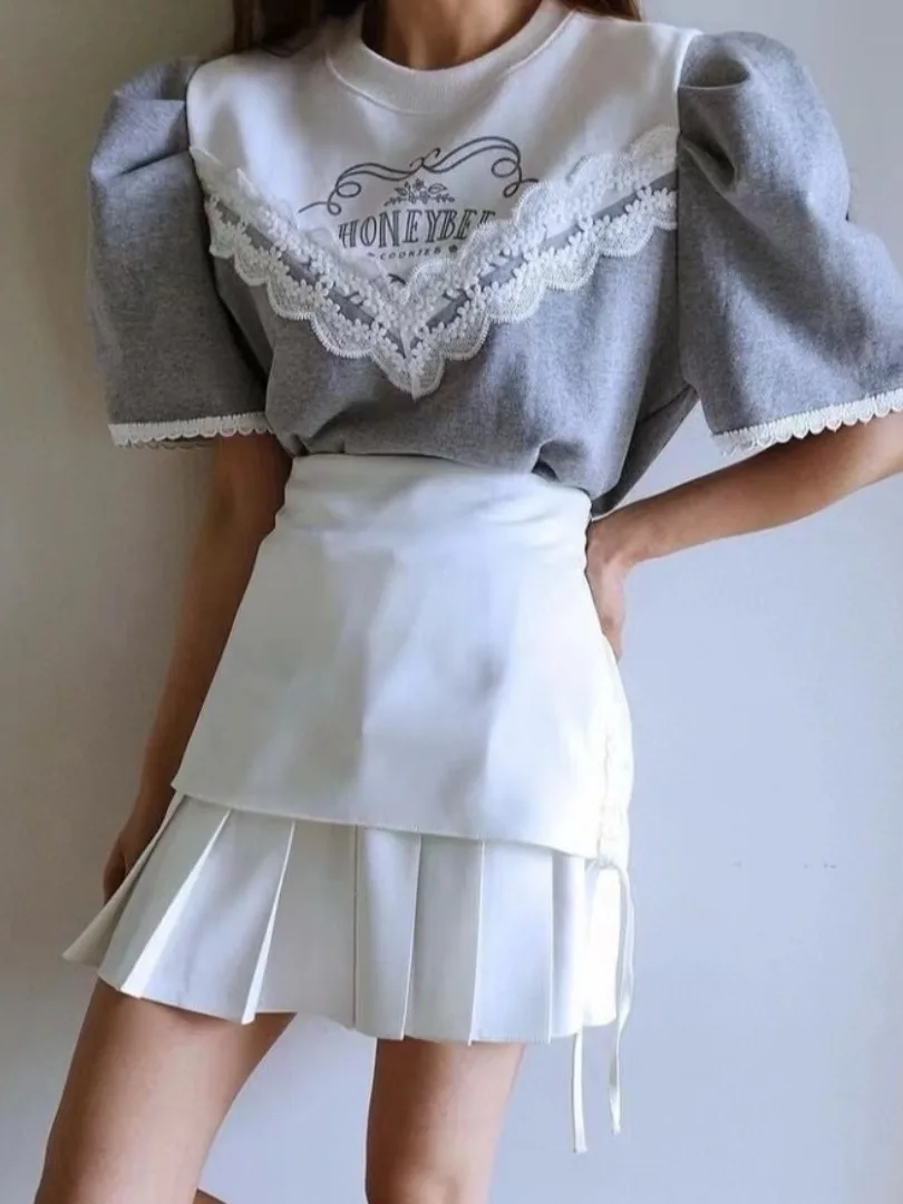 

Lace Splicing Letter Print T-irt Women's Summer New Pleated A-Line Skirt Two-Piece Set Ele Casual Fem Clothing