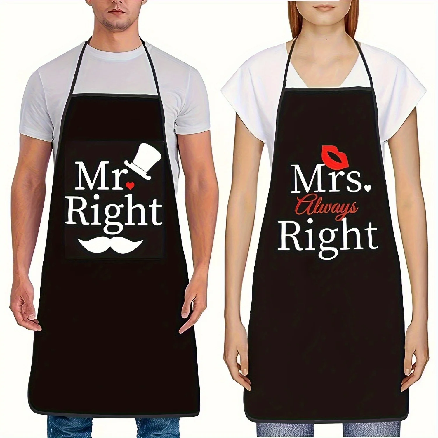 2pcs Mr Right Mrs Always Right Apron Set Waterproof Polyester Couple Kitchen Gift