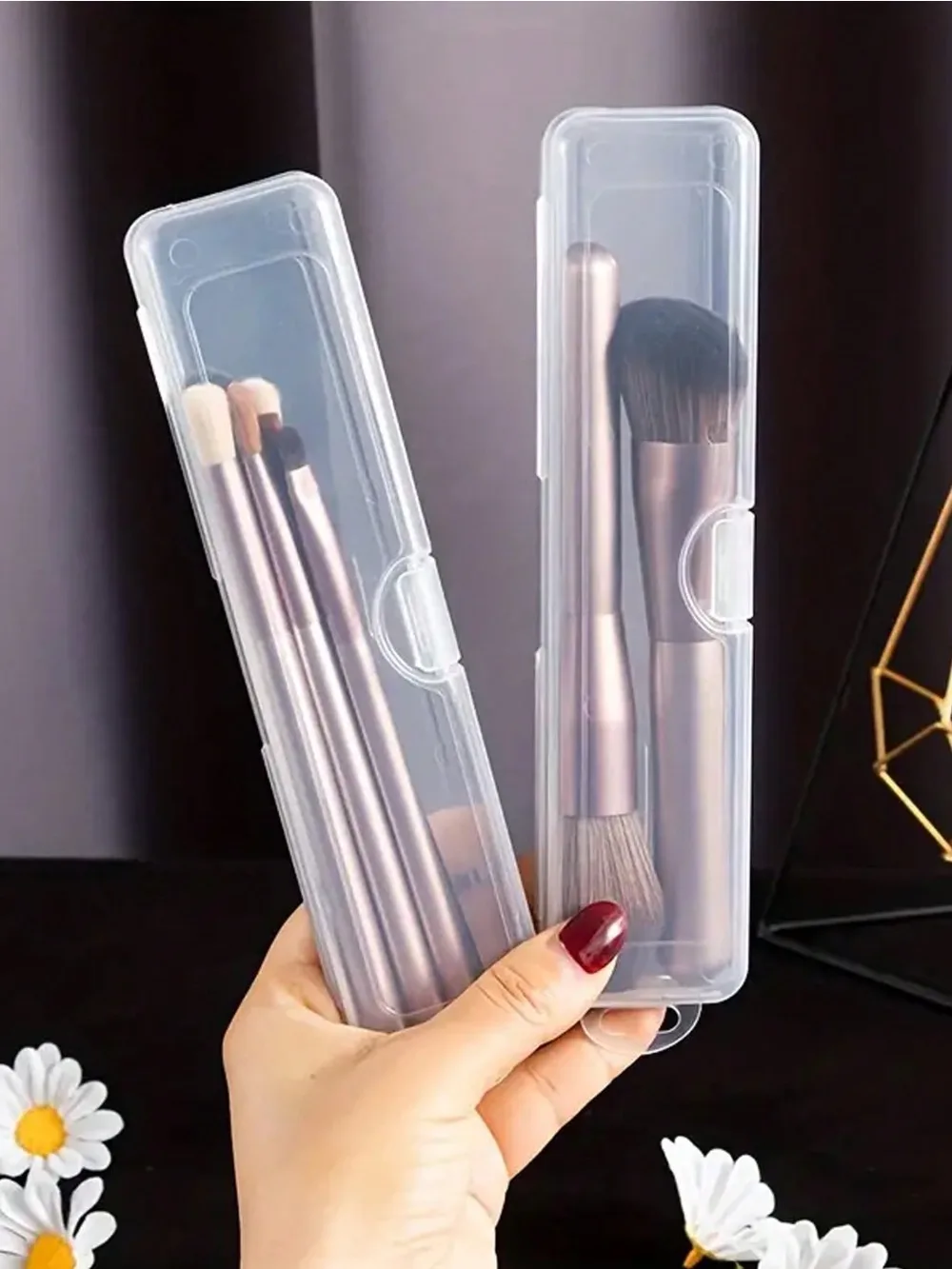 1pc Transparent Makeup Brush & Desktop Organizer With Flip Cover Design, Convenient For Storage & Arrangement