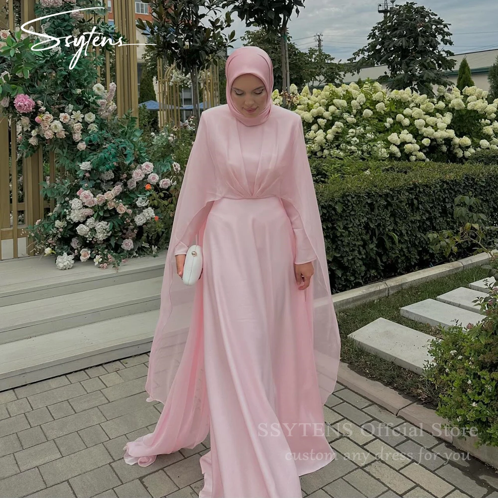 

SSYTENS Elegant Pink Muslim Prom Dress Women Chiffon Shawk Simple Party Evening Gown Floor Length Saudi Formal Occasion Dresses