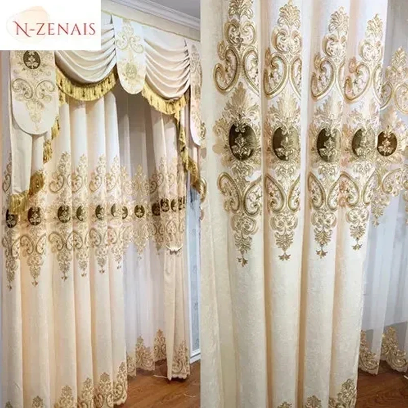 European Beige Embroidered Chenille Luxury Curtains for Living Room Blackout Bedroom Window Dining Custom Valance White Tulle