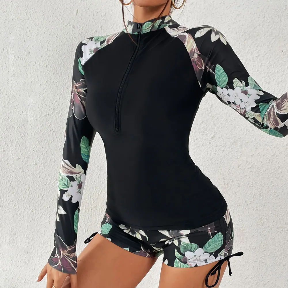 Women\'s Surfing Rash Guard Swimwear Long Sleeve Rashguard Biking Shirts Surf Top Retro Print Running Shirt Two piece Swimsuit