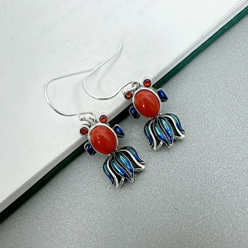 Langyan 925 Sterling Silver Enamel Craft Goldfish Earrings Vintage Ethnic South Red Agate Colorful Hanging Earrings for Women