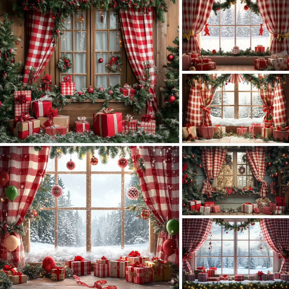 

Winter Christmas Backdrop Indoor Red Striped Curtains Fireplace Wreaths Baby Shower Party Decorations Portrait Photo Props