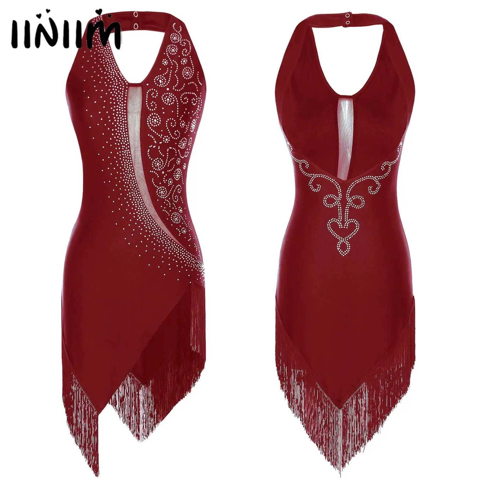 

Women Asymmetrical Fringe Latin Dance Stage Performance Costume V Neck Ballroom Tango Salsa Latin Contemporary Dance Dress