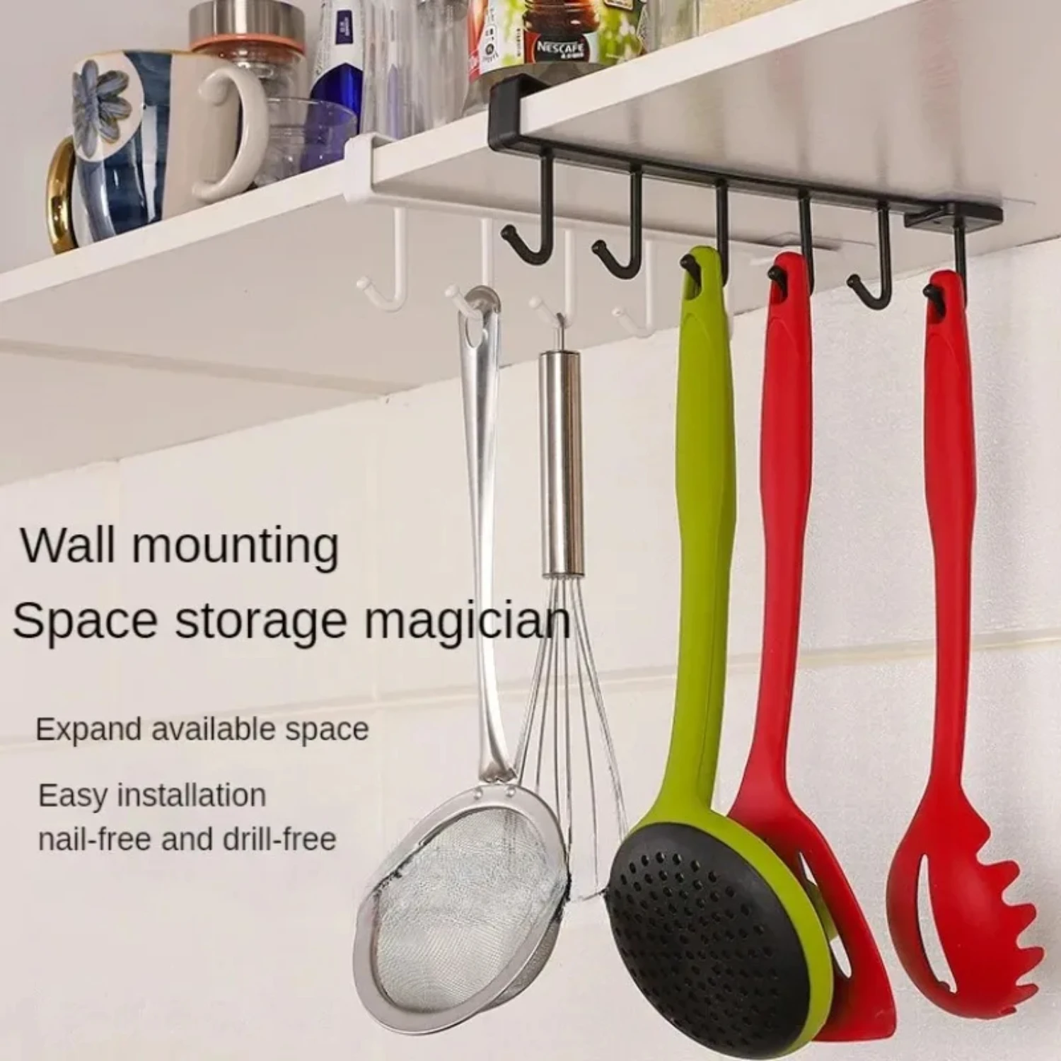 Multifunctional Black and White 6-Hook Coffee Cup and Mug Holder Shelf for Kitchen Cabinet Organization and Storage