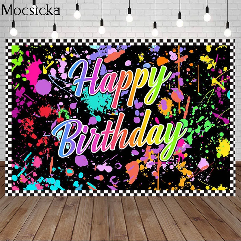 

Mocsicka Happy Birthday Let's Glow Party Photography Backdrops Graffiti Splash Grid Decoration Photo Background Shoot Photozone