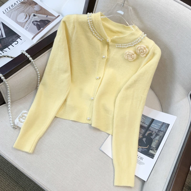 

Spring Autumn Sweet Cardigan Sweater Women Three-dimensional Flowers Pearls Beading Short Top Long Sleeve Casual Knitwear 59931