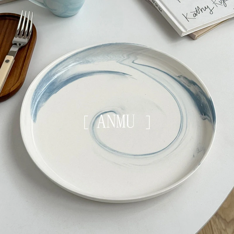 Marble Texture Ceramic Plate 2026 New Household Round Korean Style High End Dinner Tableware Underglaze Color Splash-ink Dish